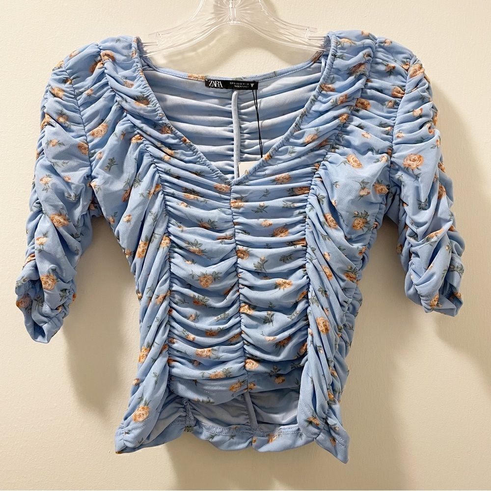 ZARA Floral Print Tulle 3/4 Sleeve Ruched Top - Size Small